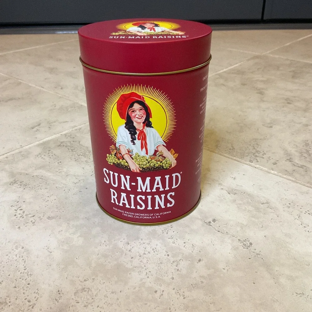 Vintage Sun-Maid Raisins Collectible Red Metal Tin Storage Canister with Recipe